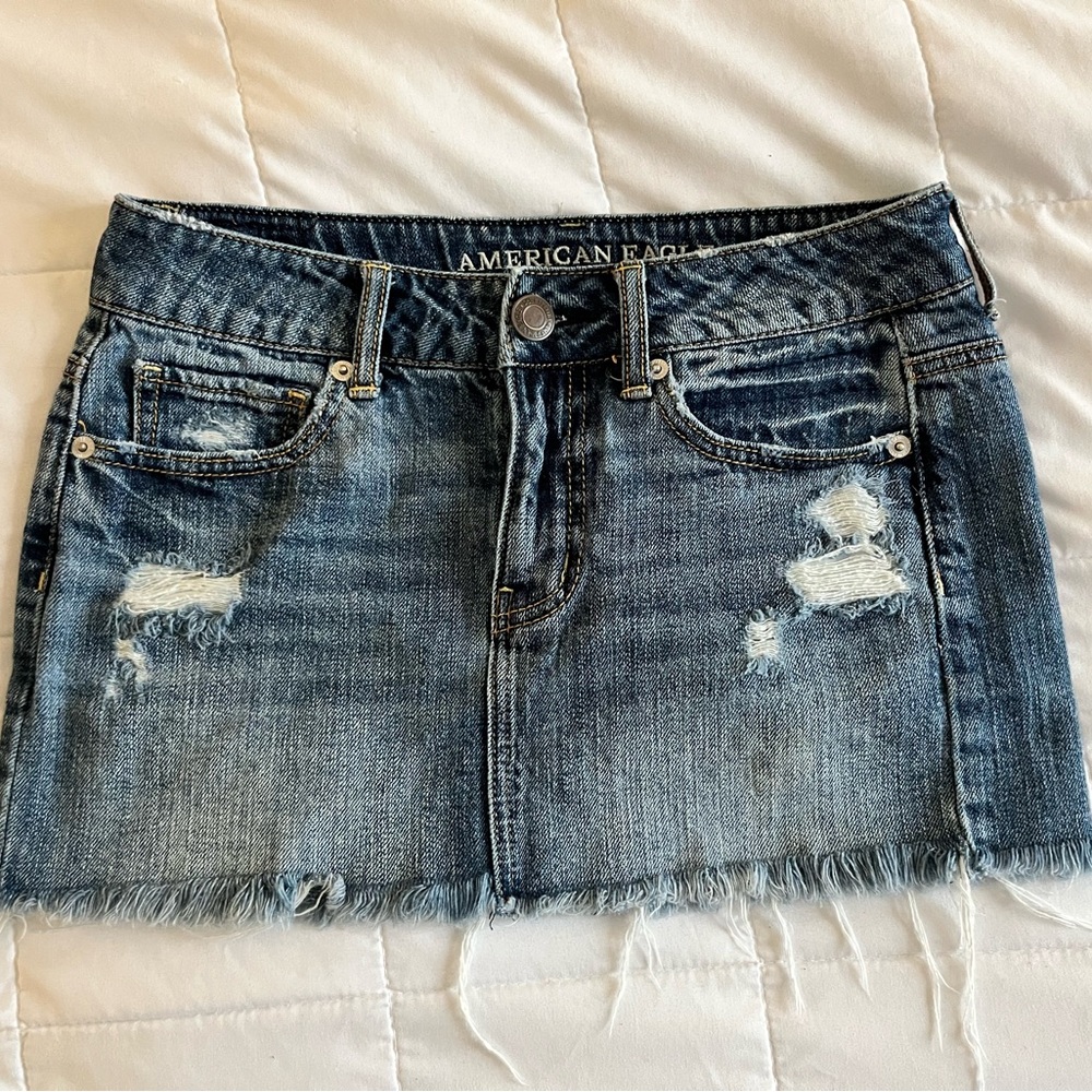 American Eagle Outfitters Distressed Indigo Denim Mini Skirt